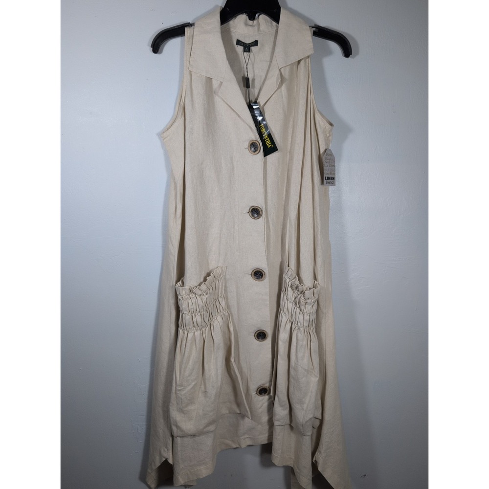For Cynthia Sleeveless Beige Shark Bite Dress S ButtonUp Linen Blend Casual New